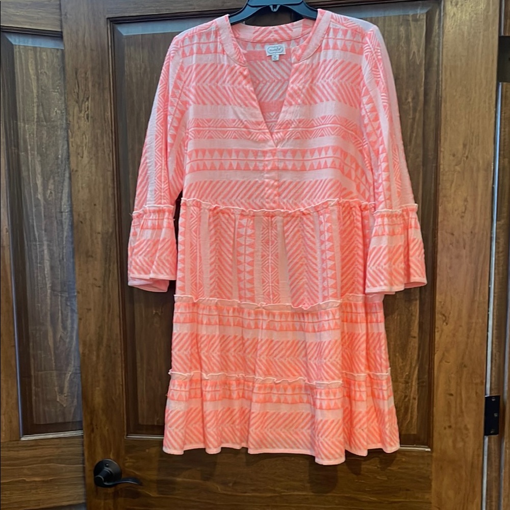 Mud Pie Renee Yarn Dye Dress in a Coral Pink Patterned Dress with Bell Sleeves M